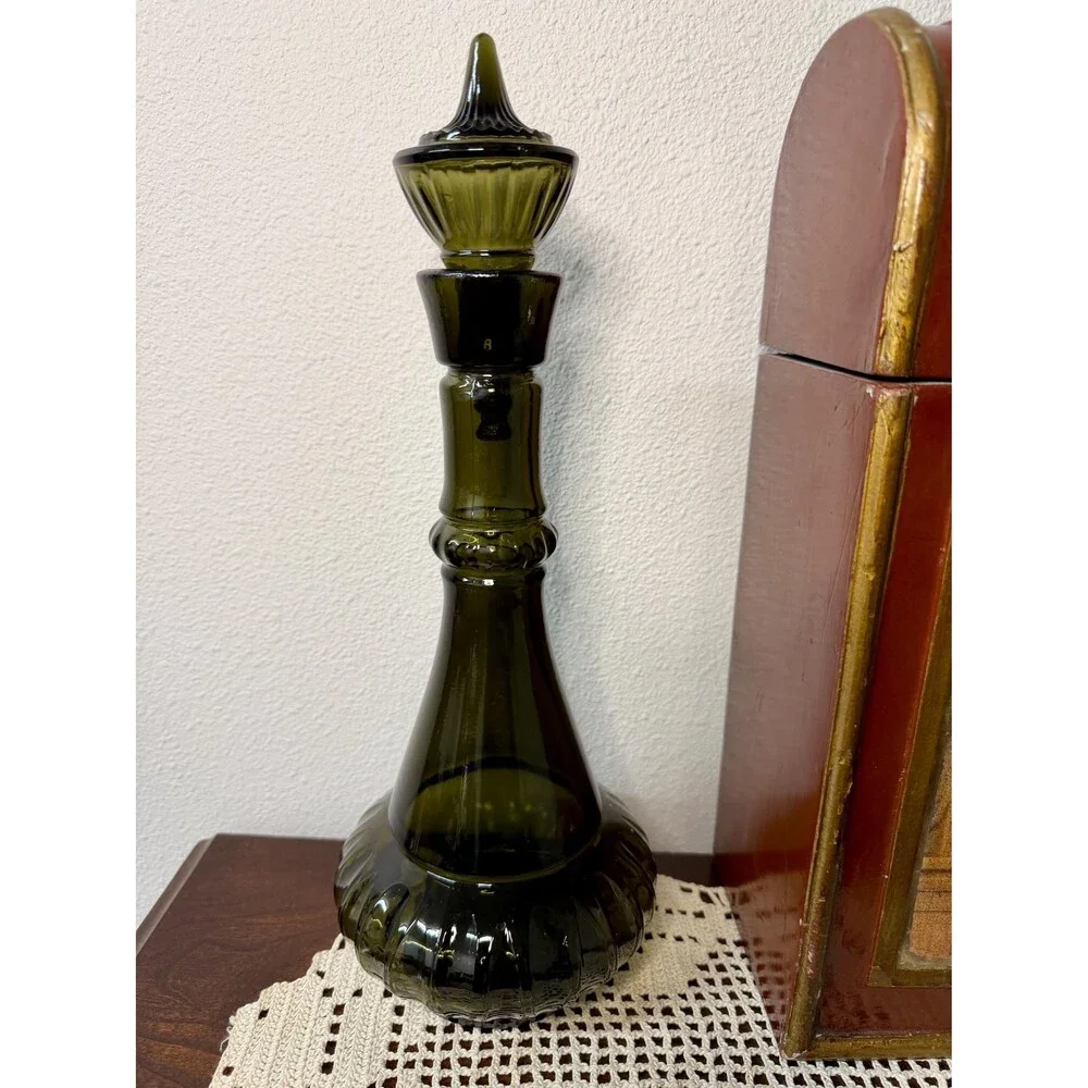 1964 Jim Beam Genie Bottle Decanter, Olive Green Glass, Mid-Century Barware